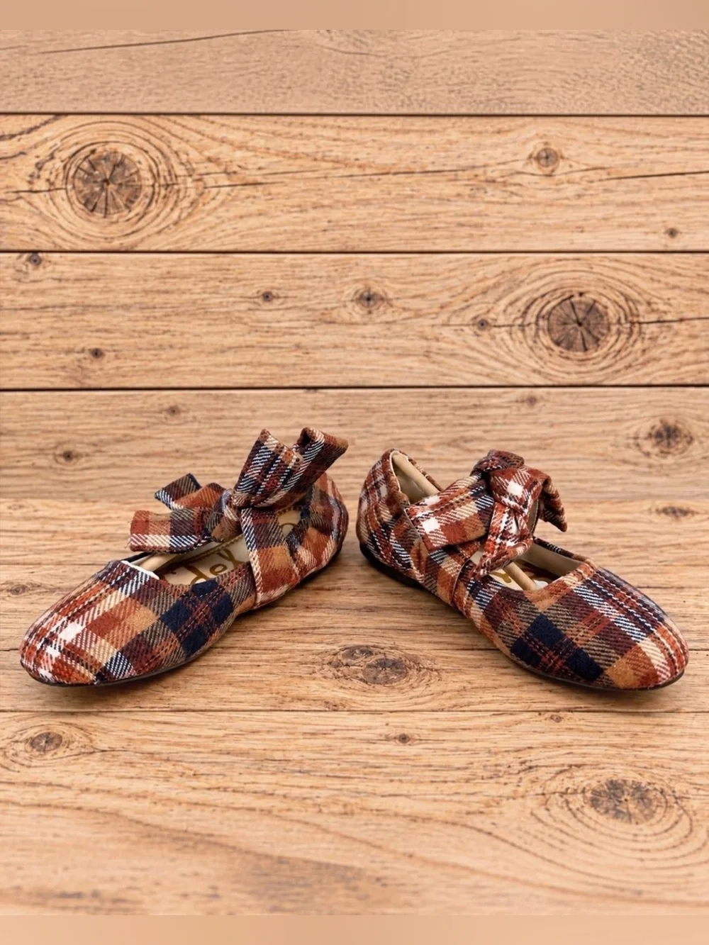 Sam Edelman Kids Felicity Rust Plaid Bow Ballet Flats Girls Navy Cream Size 2Y